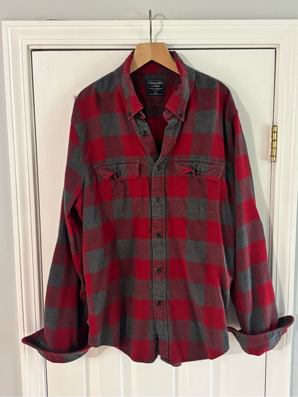 Abercrombie & Fitch Men’s Red and Gray Buffalo Plaid Flannel Shirt
